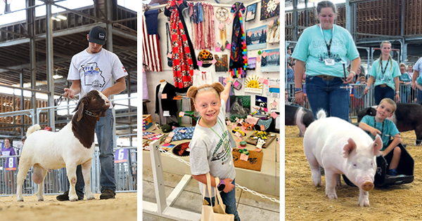 Collage image of youth competitors participating in livestock and competitive exhibits at the Missouri State Fair.