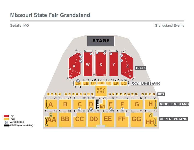 Missouri State Fair Grandstand seating chart. The stage sits at the top, with PL1 track seating in sections V, W, X, Y and Z directly in front. PL2 seating fills the remaining areas, including Lower Grandstand sections LA through LG, a Box row flanking the Gov Box, Middle Grandstand sections A through H surrounding the E1 press area and Upper Grandstand sections AA through HH. Accessible seating is available in all track sections (V, W, X, Y and Z), Lower Grandstand section LA and Middle Grandstand sections C, D, E and F.