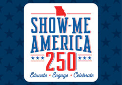 Show-Me America 250 Logo on a blue background with stars.