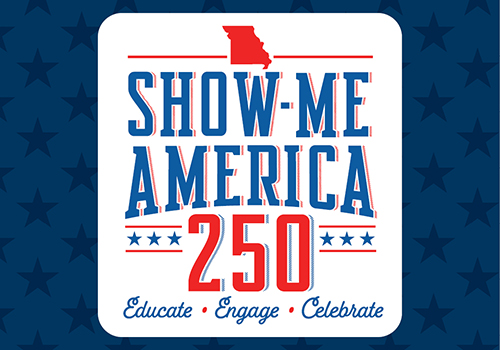 Show-Me America 250 Logo on a blue background with stars.