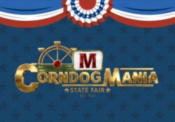 Corndog Mania State Fair logo featuring golden text with a ferris wheel and red dot. Patriotic blue background with a red, white, and blue bunting.