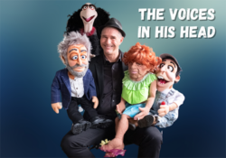A smiling person in black attire holds four colorful puppets with diverse expressions. Text reads "The Voices in His Head" on a blue background.