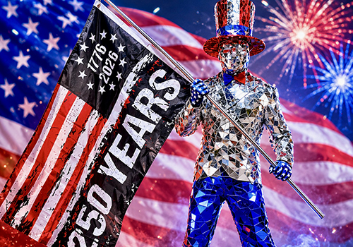 A mirrored man in a patriotic outfit holds a "250 Years" flag. In the background, fireworks light up the sky with a large American flag. Celebration theme.