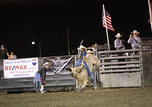 A man riding a bull during the rodeo