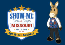 A rendering of BARTtholomule standing next to the Show Me Stars and Stripes logo
