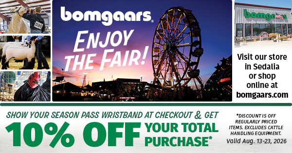 Bomgaars ad: 10% off your total purchase when you show your season pass wristband, valid Aug. 13 to 23, 2026.