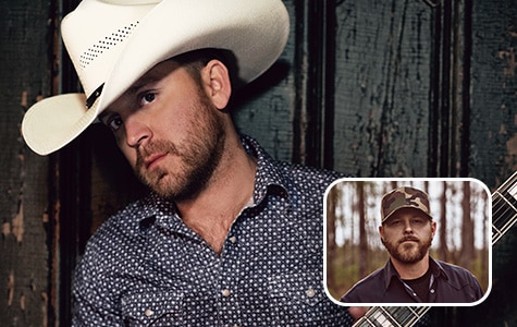 Justin Moore wearing a cowboy heat with a small photo of Heath Sanders wearing a baseball cap in the bottom right corner