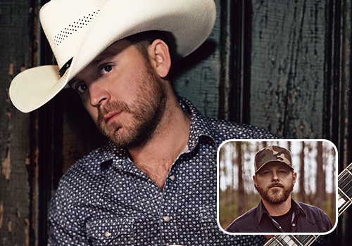 Justin Moore wearing a cowboy heat with a small photo of Heath Sanders wearing a baseball cap in the bottom right corner