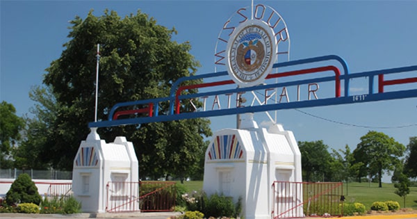 The main gate of the Missouri State Fairgrounds on a sunny day