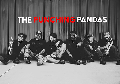 The Punching Pandas sitting on a stage and laughing