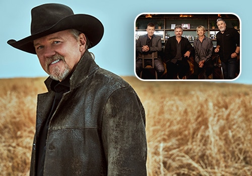 A large image of Trace Adkins in a field with a smaller image of the band Lonestar in the top right corner